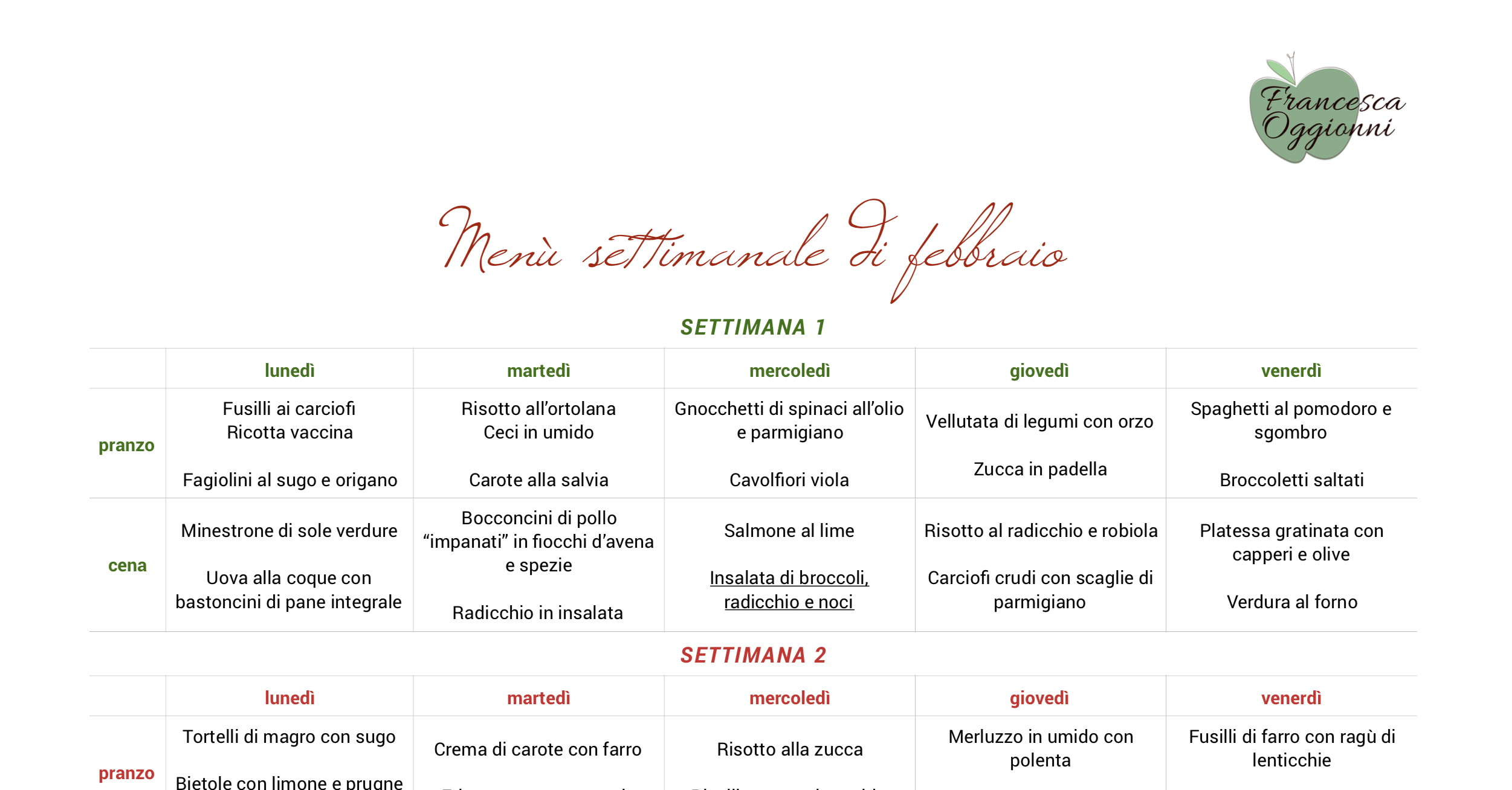 Menu di febbraio Ricominciodaquattro